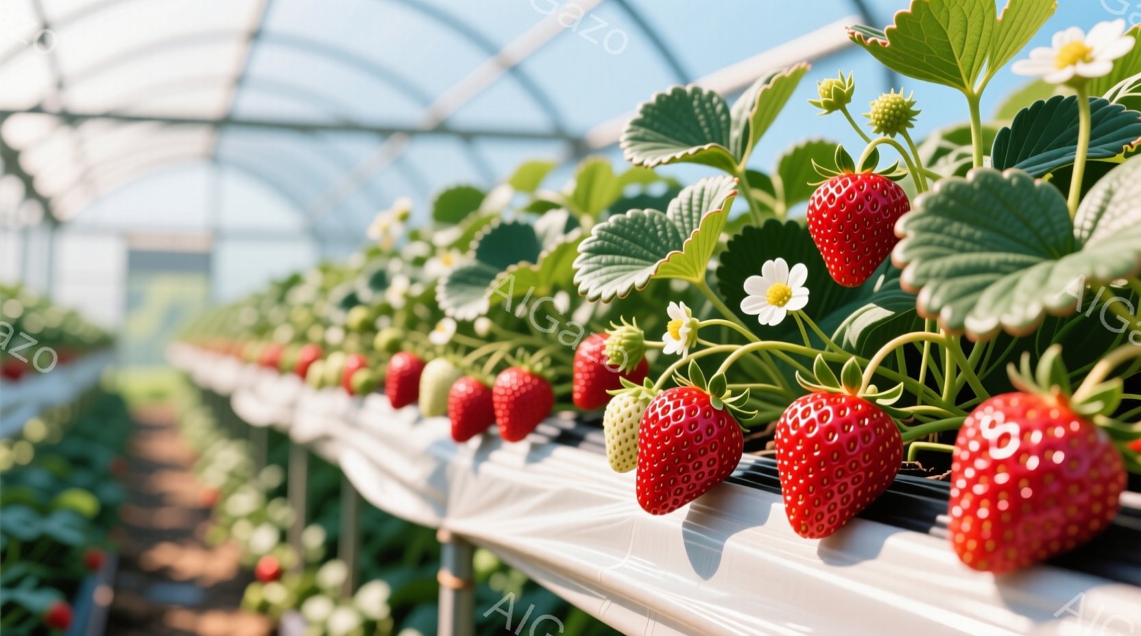 白いプラスチック製の溝に並んだ、熟した赤いイチゴが目に飛び込んできます。緑色の葉と小さな白い花がイチゴの赤色を引き立て、太陽光が差し込む温室の中で、瑞々しく育っている様子が伝わってきます。背景には同じようにイチゴが並んだ溝が続き、明るく活気のある雰囲気が漂っています。