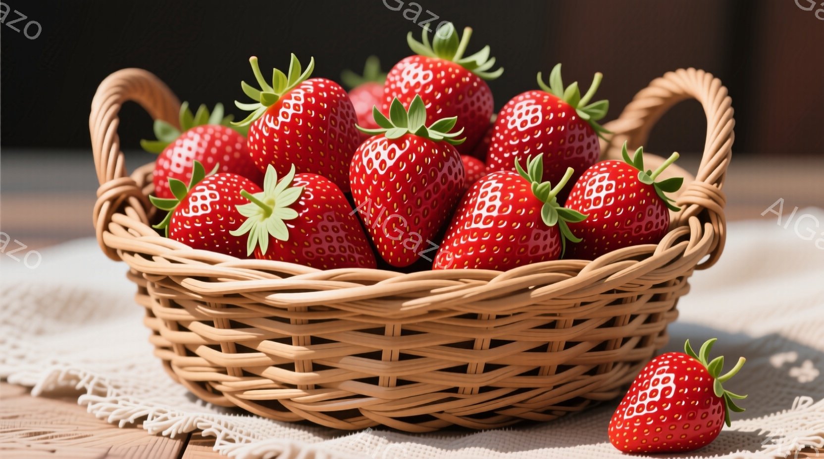 籠の中に真っ赤な苺がたくさん入っており、みずみずしい様子が伝わってくる。籠は籐編みで、素朴な温かみを感じさせる。下にはレース編みの布が敷かれ、テーブルの上で太陽の光を浴びて、甘く優しい雰囲気を醸し出している。