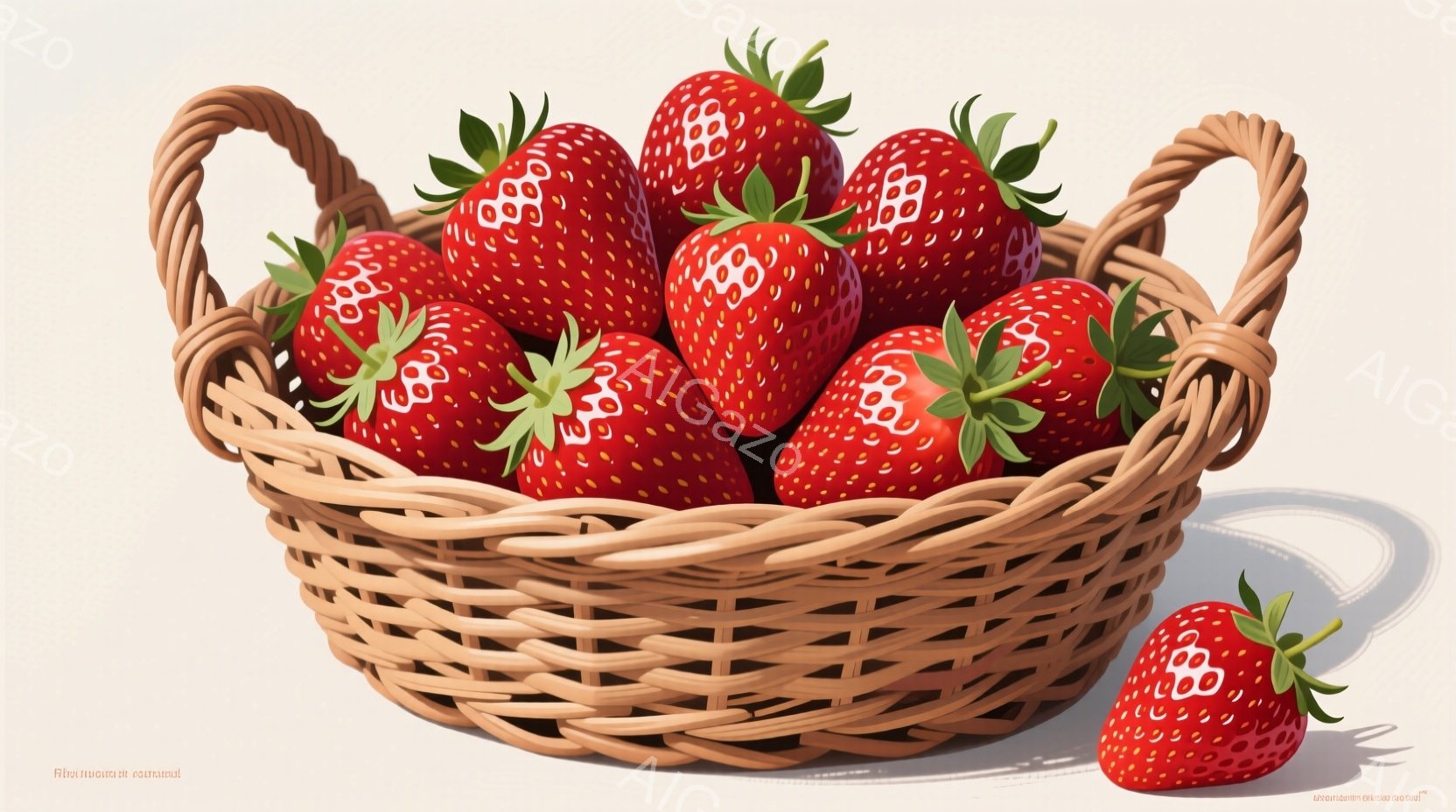 籠の中に新鮮なイチゴがたっぷり詰まっています。イチゴは鮮やかな赤色で、種が特徴的に見え、緑色の葉がついています。明るい背景に影が落ち、立体感があり、瑞々しい果物の雰囲気が伝わってきます。