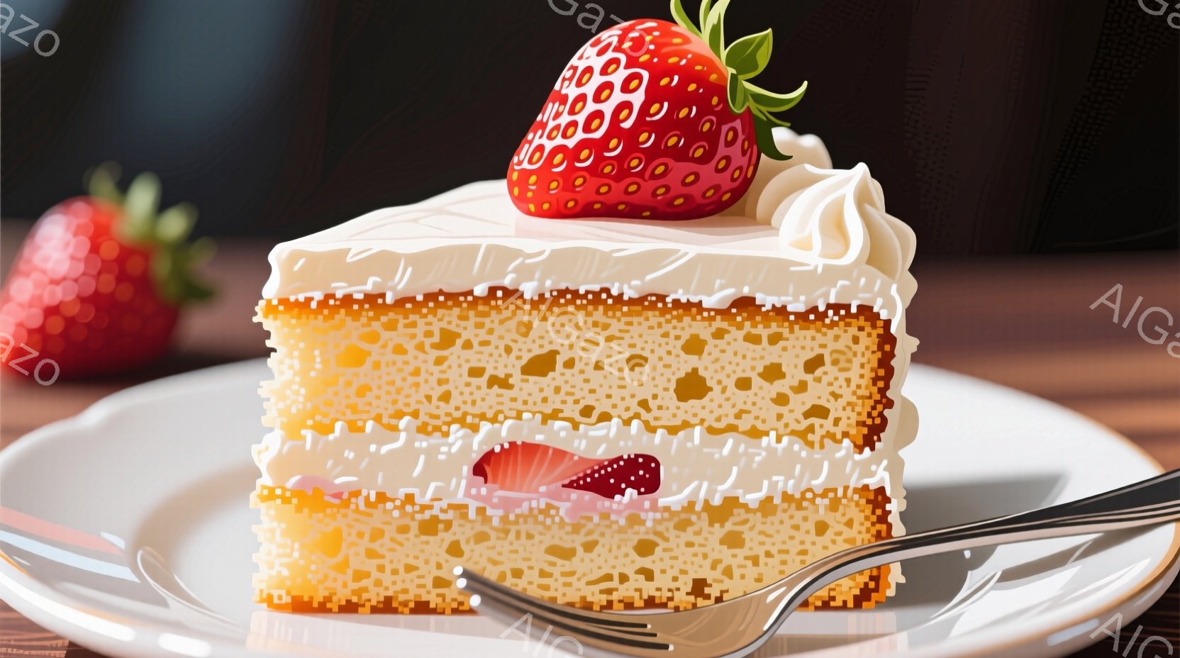 スポンジケーキのスライスが、白い皿に載せられています。鮮やかな赤いイチゴが飾られ、ケーキの断面からは薄いピンク色のクリームが見えます。背景には、ぼやけたイチゴとフォークが写り、全体的に甘くて優しい雰囲気を醸し出しています。