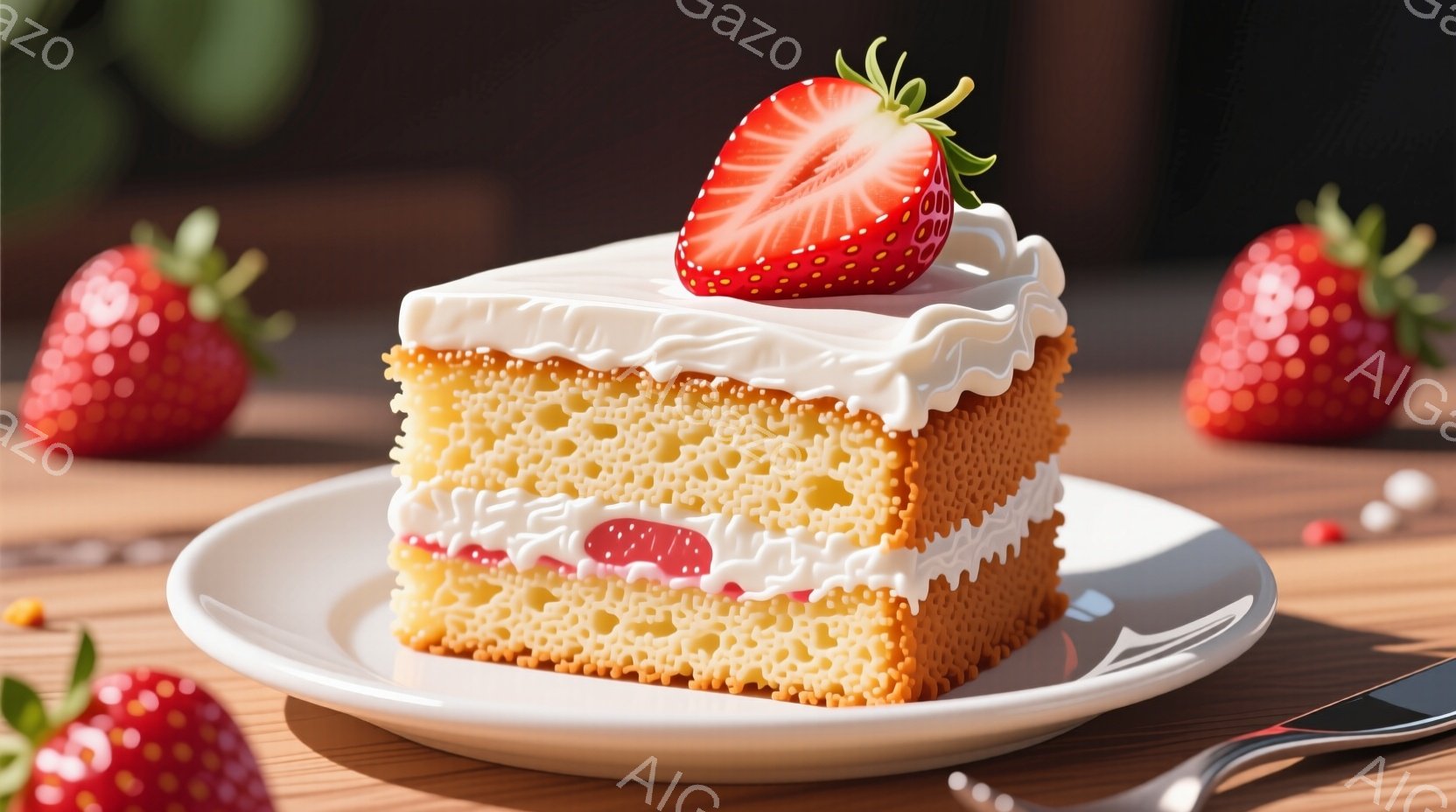 鮮やかなイチゴが飾られた、角切りのショートケーキが白い皿に乗せられています。スポンジケーキはきめ細かく、クリームとイチゴの層が見え、食欲をそそります。背景には他のイチゴが数個と、ぼやけた木製のテーブル - AI生成フリー素材