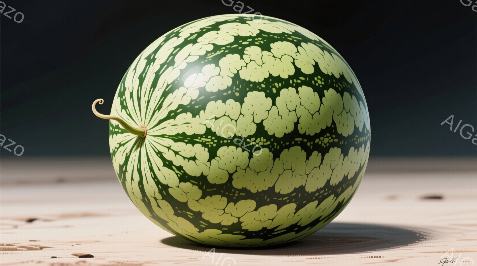 大きな緑色の縞模様のスイカが、木目調の表面の上に置かれています。スイカは丸みを帯びており、実質的に背景は暗いグレーのグラデーションです。スイカのつるは左上に伸びており、全体的に静かでシンプルな構成とな - AI生成フリー素材