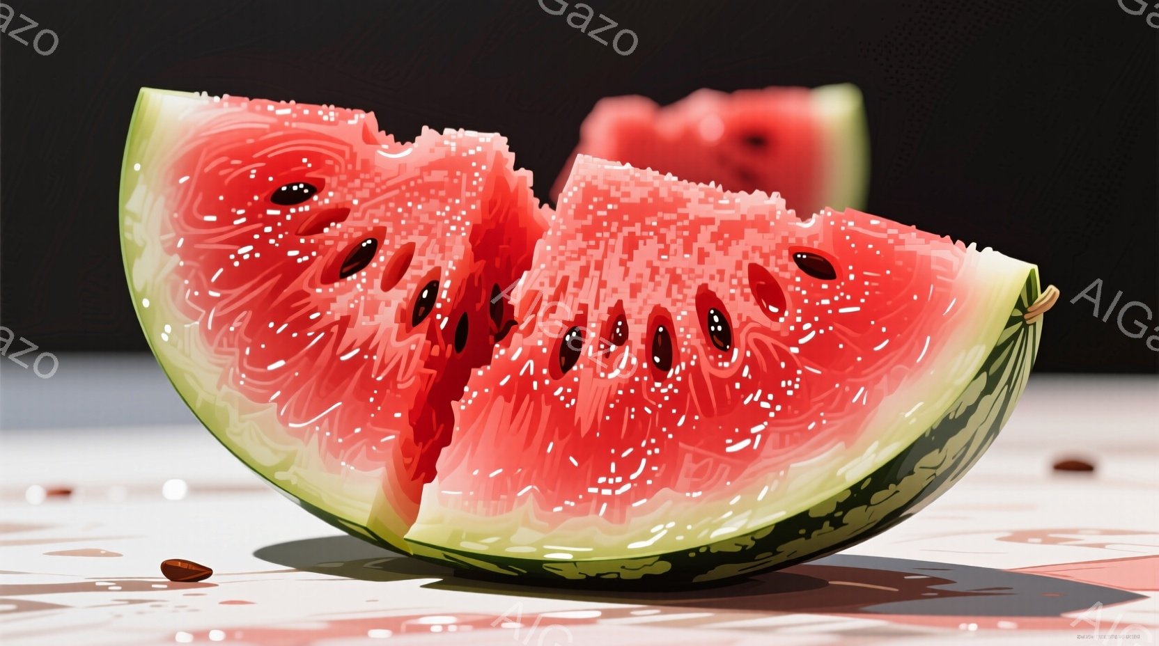 鮮やかな赤い果肉と黒い種が特徴的なスイカのスライスが、白いテーブルの上に置かれています。スイカの断面からは瑞々しい果汁が溢れ出し、周囲にはいくつか種が散らばっています。背景はぼやけており、スイカそのものが焦点となっています。