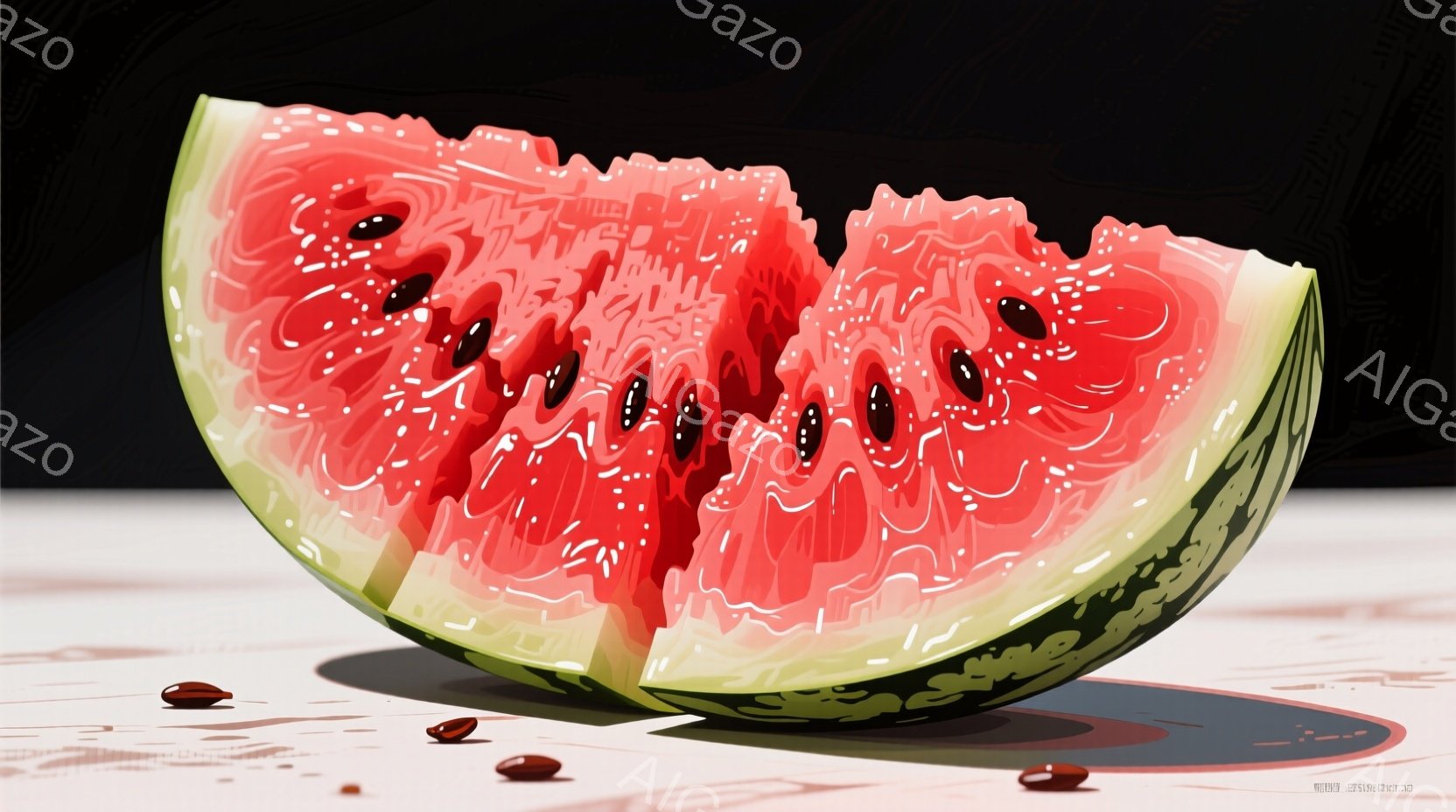 切り分けられたスイカが中央に大きく配置されています。深紅色の果肉には黒い種が散りばめられ、瑞々しさを感じさせます。背景は暗いグレーで、スイカの鮮やかさを際立たせており、数個の種がスイカの周りに落ちています。
