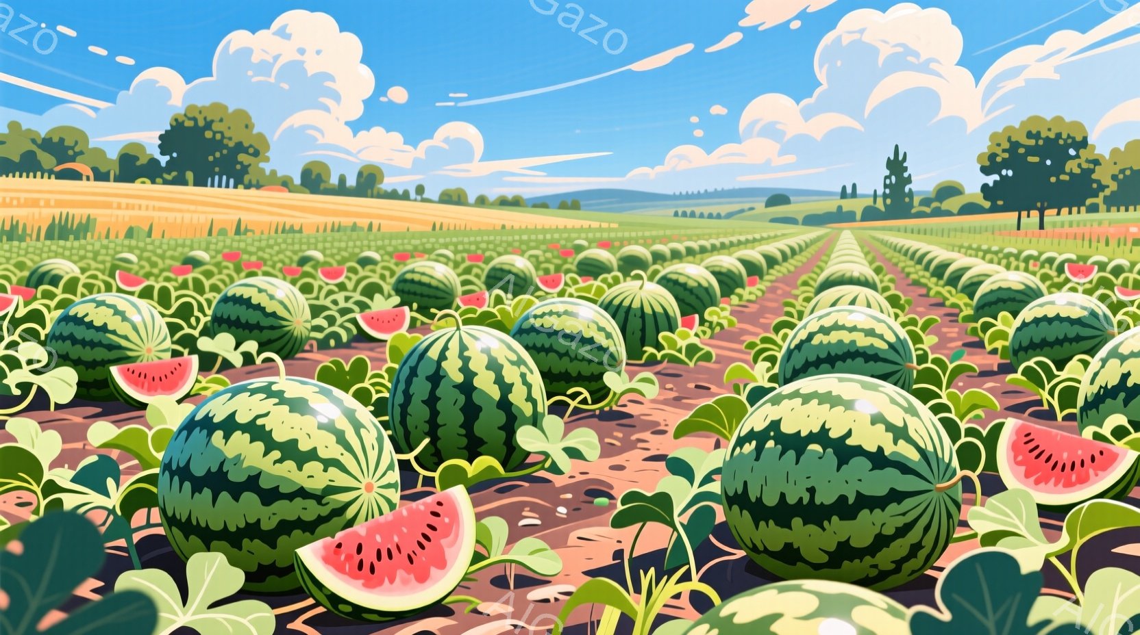 広大なスイカ畑が描かれており、緑色の縞模様のスイカが密集して並んでいます。畑は整然と区画分けされ、遠景には緑豊かな木々と黄色い畑が広がっています。晴れた空には白い雲が浮かび、明るく穏やかな夏の日の雰囲気が漂っています。