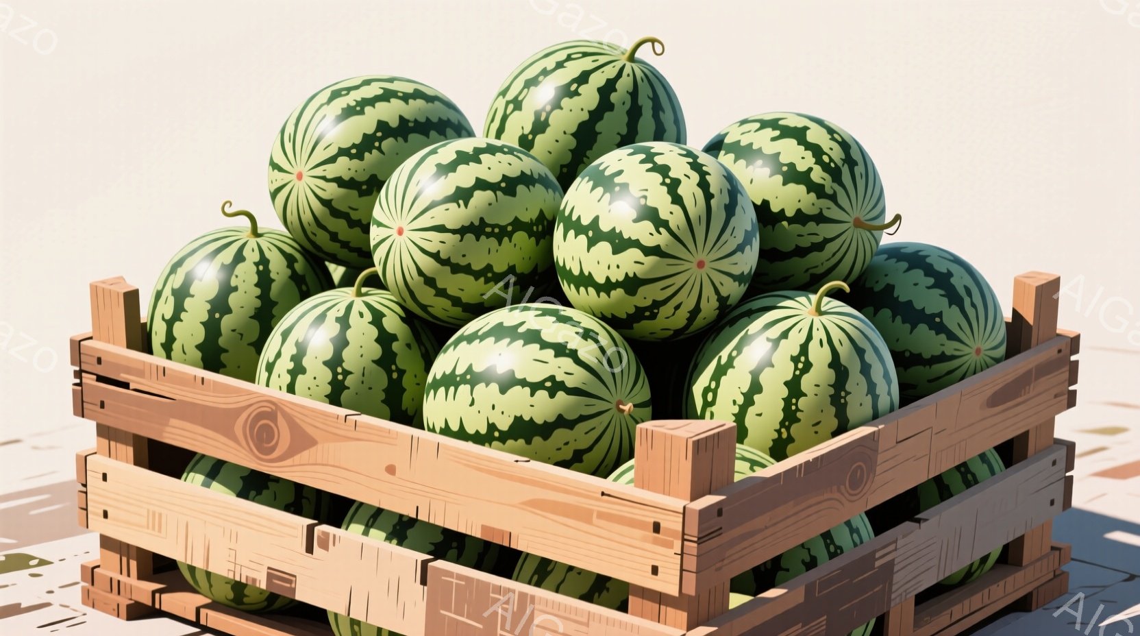 木箱の中に、縞模様の西瓜がぎっしりと詰まっています。西瓜は緑と濃い緑の縞が特徴で、つるは細く、葉はついていません。箱は木製で、茶色の色調で、明るい背景に置かれています。