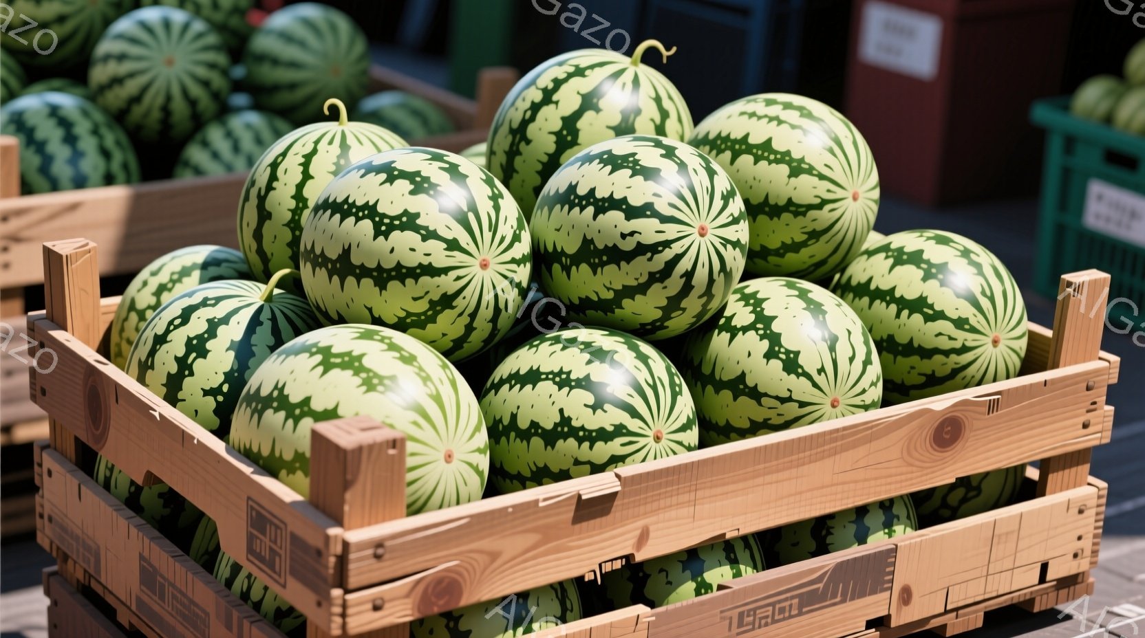 縞模様のスイカが木製の箱にぎっしりと詰まっています。スイカは鮮やかな緑色と濃い緑色のストライプで、丸く、みずみずしい外観をしています。背景には、他のスイカや箱が見え、市場や農産物直売所の光景を彷彿とさせます。