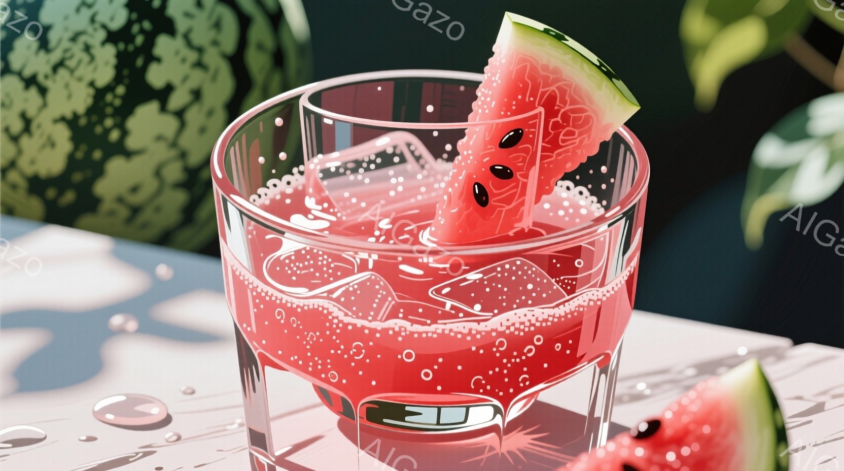 大きなグラスの中に、スイカのキャラクターが浸かっています。そのスイカは笑顔で、小さな手足があり、飲み物の中に浮かんでいます。背景には他のスイカや水滴が見え、全体的に爽やかで夏らしい雰囲気が漂っています。