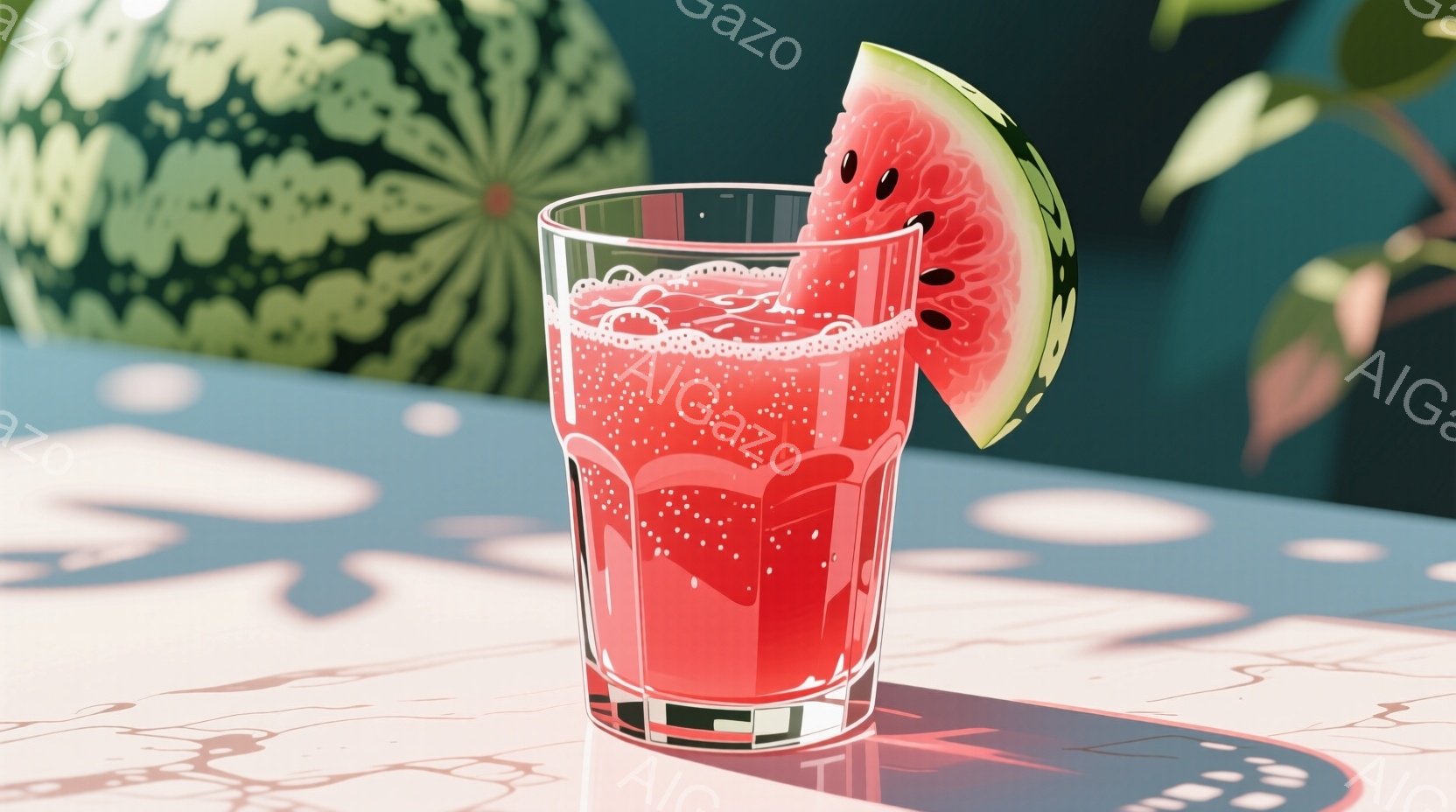 鮮やかな赤いスイカジュースがグラスに満たされ、グラスの縁にはスイカのスライスが飾られています。背景には、ぼやけた緑の植物と、白い大理石のようなテーブルの表面が見え、強い光が差し込んでいるようです。全体 - AI生成フリー素材