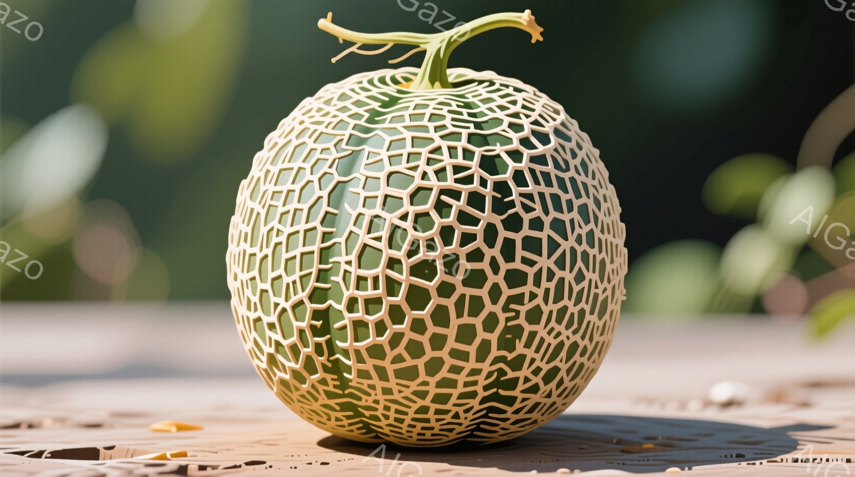 網目状の美しいメロンが木製のテーブルの上に置かれています。背景は緑豊かな自然で、光が差し込み、メロンの鮮やかな緑色と木目の温かみを引き立てています。全体的に、自然の美しさと穏やかな雰囲気が感じられます - AI生成フリー素材