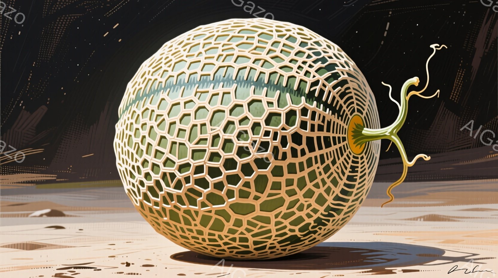 網目状の表面を持つ大きな緑色のメロンを描いています。メロンは平らな土のような地面に置かれ、背景にはぼやけた幾何学的な構造物が、暗い空の下に見られます。 全体的に、メロンが強調され、奇妙で超現実的な雰囲気を醸し出しています。