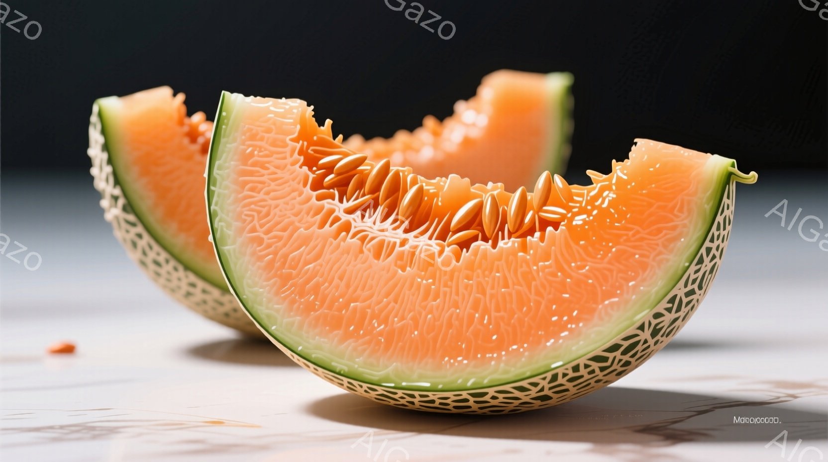 鮮やかなオレンジ色の網目模様が特徴的なメロンが2切れ、白いテーブルの上に置かれています。果肉はジューシーで瑞々しく、横から見るとその断面の美しさが際立ちます。背景は暗く、メロンの色がより一層引き立って - AI生成フリー素材
