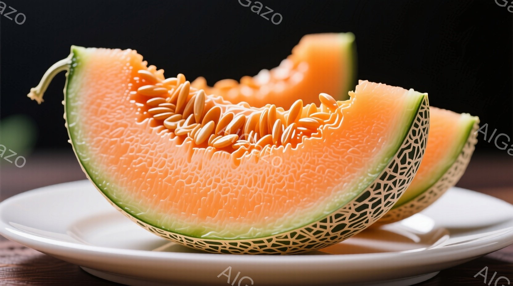 白い皿の上に、オレンジ色のマスクメロンが2切れ置かれています。果肉は網目状で、みずみずしく、甘そうな香りが伝わってきます。背景は暗く、メロンの鮮やかな色が際立っています。 - AI生成フリー素材