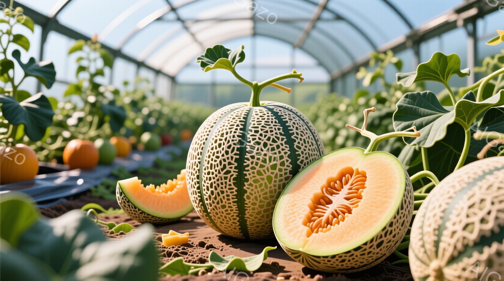 網目状の模様が特徴的なメロンが、畑で栽培されている様子が写っています。半分にカットされたメロンからは、鮮やかなオレンジ色の果肉が覗き、美味しさを予感させます。背景にはビニールハウスが広がり、緑の葉と黒い土がメロンの鮮やかさを引き立てています。