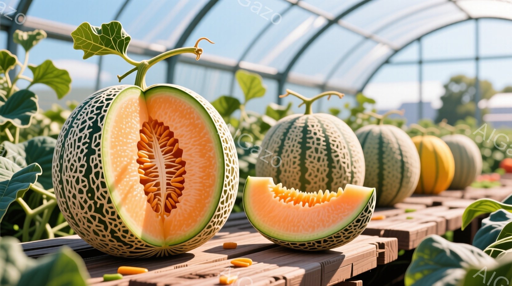 メロンが数個、切断されたものとされていないものが、木製の棚に並べられています。背景には、緑豊かな植物と、遠くに見える建物が広がる温室が広がっており、晴天で明るい日差しが差し込んでいます。全体的に、豊穣さと新鮮さを感じさせる、穏やかで自然な雰囲気の画像です。