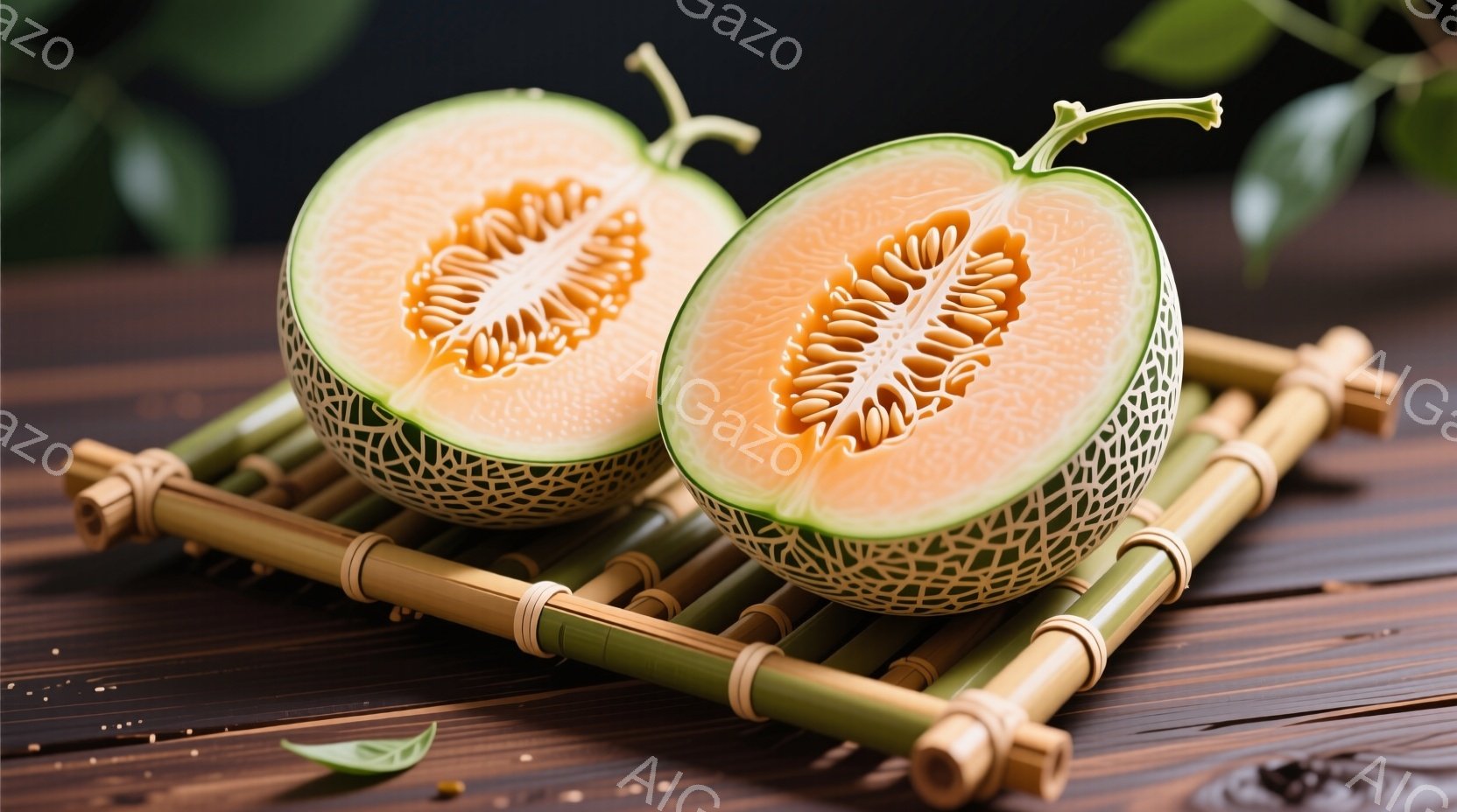 2つのメロンが半分にカットされ、竹のマットの上に置かれています。果肉は鮮やかなオレンジ色で、種が密集して並んでいます。背景は木製の表面で、メロンと竹のコントラストが際立っています。 - AI生成フリー素材