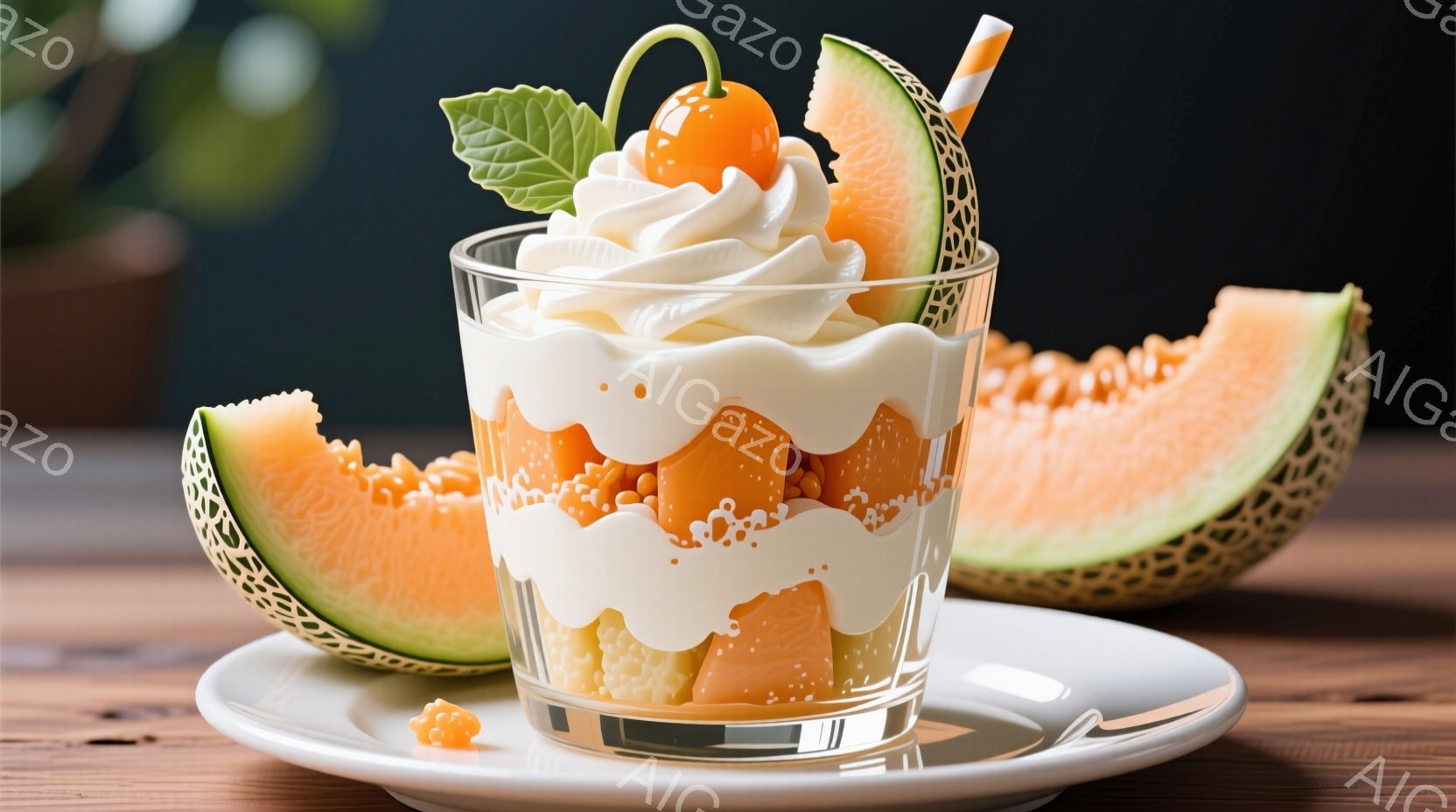鮮やかなオレンジ色のマスクメロンが、グラスの中で白いクリームと層になっているデザートです。マスクメロンは角切りになっており、クリームとのコントラストが美しく、上に添えられたミントの葉とオレンジ色の小さ - AI生成フリー素材