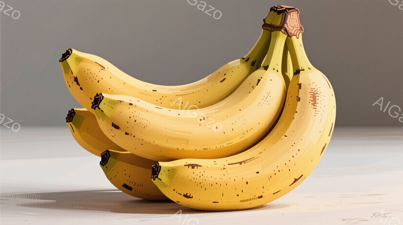 鮮やかな黄色のバナナが数本、互いに重なり合って配置されています。背景はグレーがかった無地の壁で、床面は光沢のある反射面となっており、バナナの影が映り込んでいます。全体的にシンプルでクリーンな印象で、バナナの形状と色が際立っています。