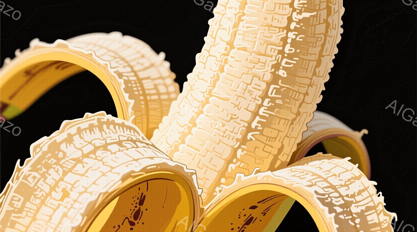 画像は剥かれたバナナが中心に描かれており、果肉の質感と曲線が強調されています。バナナの皮はクリーム色で、剥がれた部分から茶色の斑点がわずかに見え、熟した状態を示唆しています。背景は真っ黒で、バナナの鮮やかな色合いが際立っています。