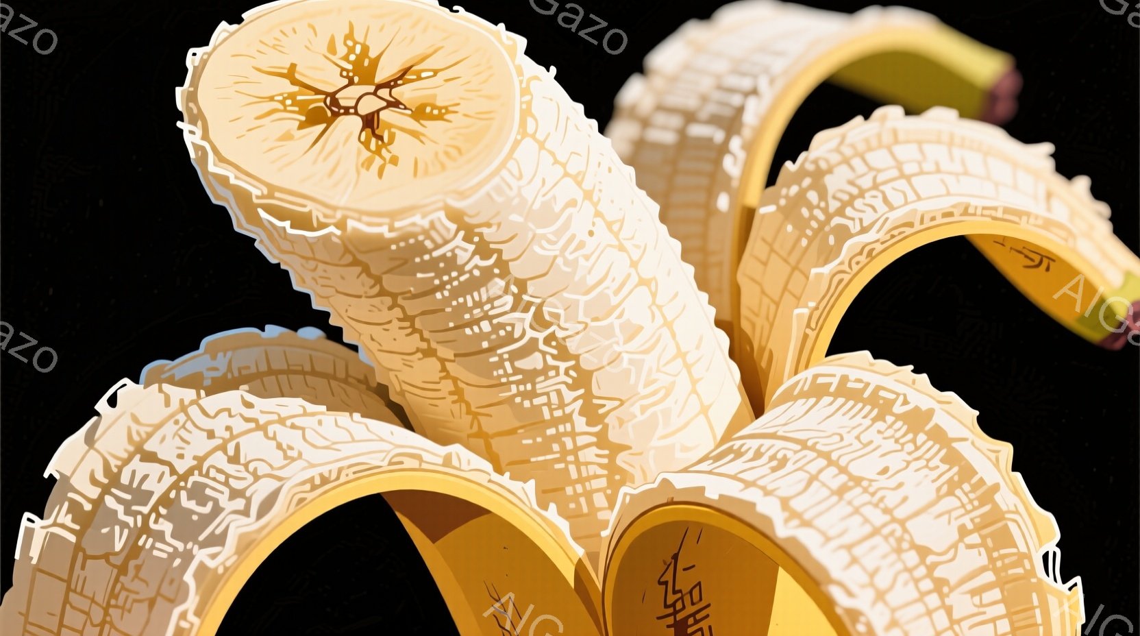 画像は剥かれたバナナの一部が写っており、クリーム色と淡い黄色のグラデーションが特徴的です。バナナの果肉は細かく表現され、剥きかけの皮には独特の模様が見られます。背景は暗く、バナナが際立つように工夫されています。