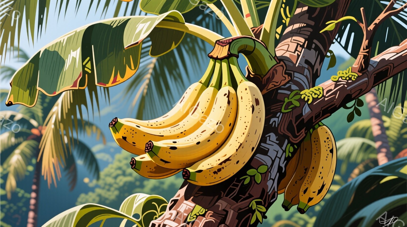 鮮やかな緑の葉に囲まれ、茶色の樹幹に熟れたバナナの房が密集してぶら下がっている。バナナは黄色く、いくつかの茶色い斑点があり、熱帯の自然を背景にした鮮やかなコントラストを生み出している。背景には他の植物が生い茂り、全体的に温暖で活気のある雰囲気が漂っている。