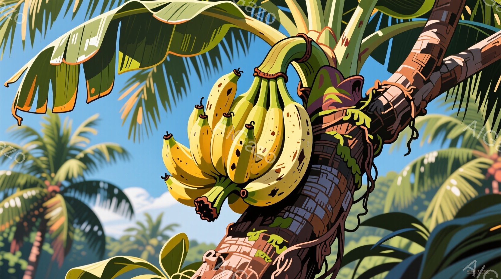 鮮やかな青空を背景に、実ったバナナの房がクローズアップで描かれている。バナナは緑から黄色へと変化し、成熟した様子が伺える。幹は複雑な模様で覆われ、周囲には緑豊かな植物が生い茂り、熱帯の自然を想起させる、色彩豊かなイラストレーションである。