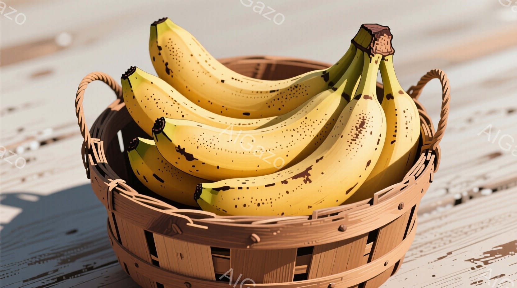 籠の中に黄色いバナナがいくつか入っており、明るい光が当たっています。籠は茶色で、木製のテーブルの上に置かれています。全体的に暖かく、自然な雰囲気で、バナナの鮮やかさが際立っています。