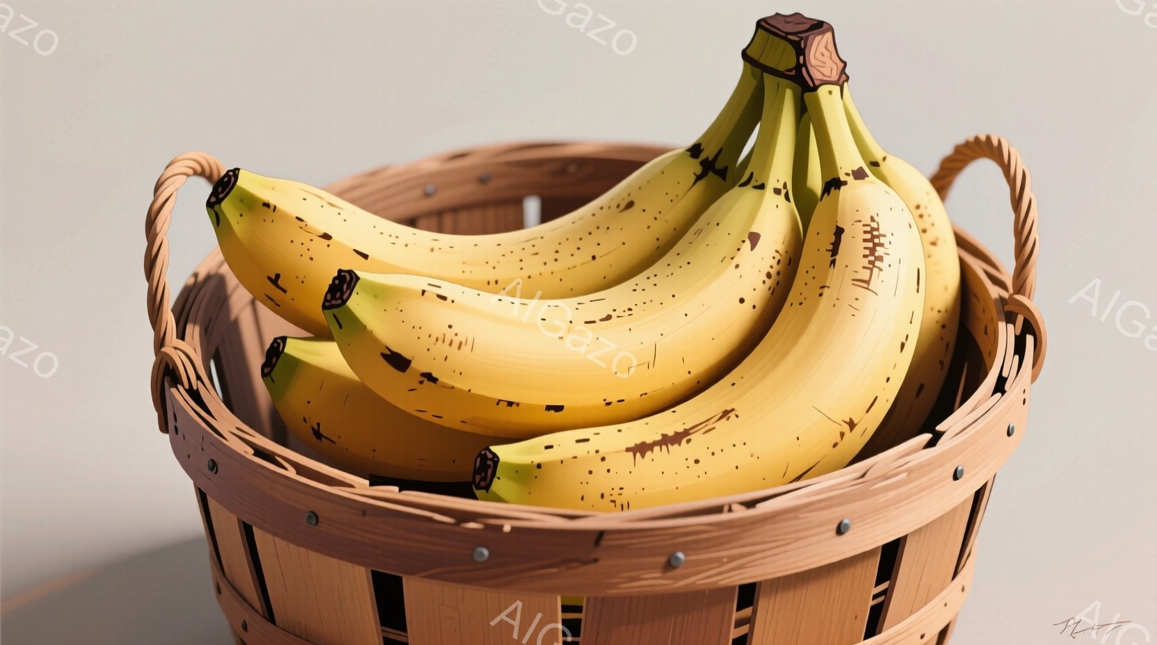 籐編みのバスケットに黄色いバナナがいくつか入っています。バナナは少し緑がかった黄色で、茶色い斑点があり、熟していることを示しています。背景は淡い色で、バスケットとバナナが際立っています。