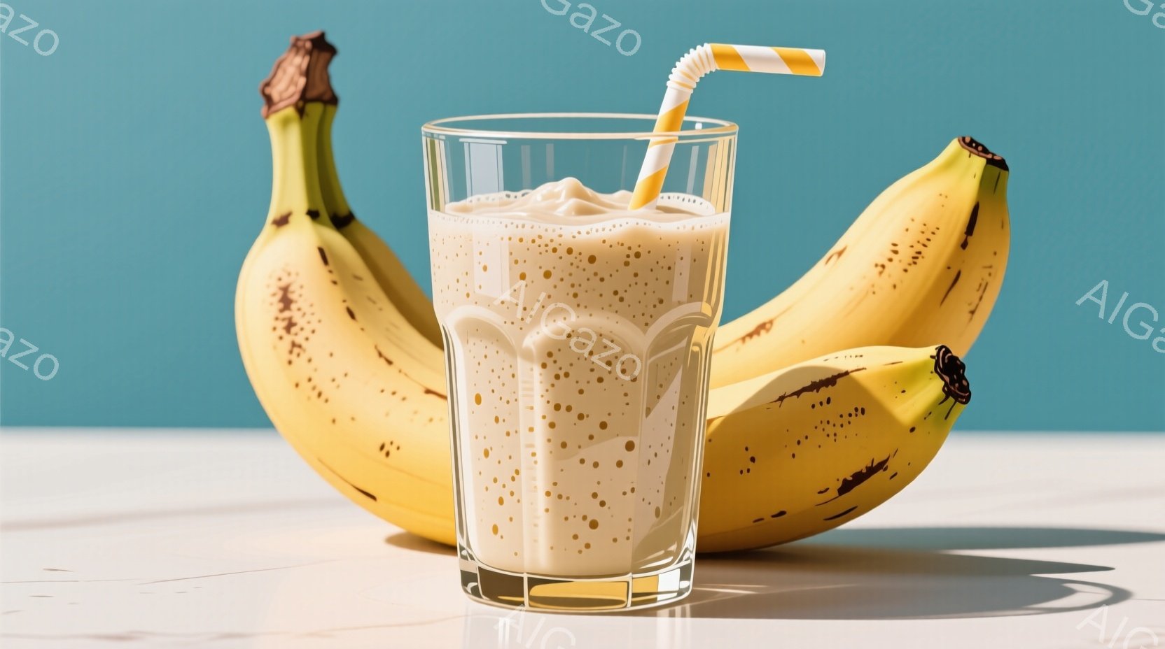 滑らかな表面のテーブルの上に、グラスに入ったバナナ風味のシェイクと、2本の黄色いバナナが並んでいます。シェイクにはストローが挿されており、バナナは少し緑がかった黄色で、実が熟していることがわかります。背景は明るい水色で、全体的に爽やかで食欲をそそる雰囲気です。