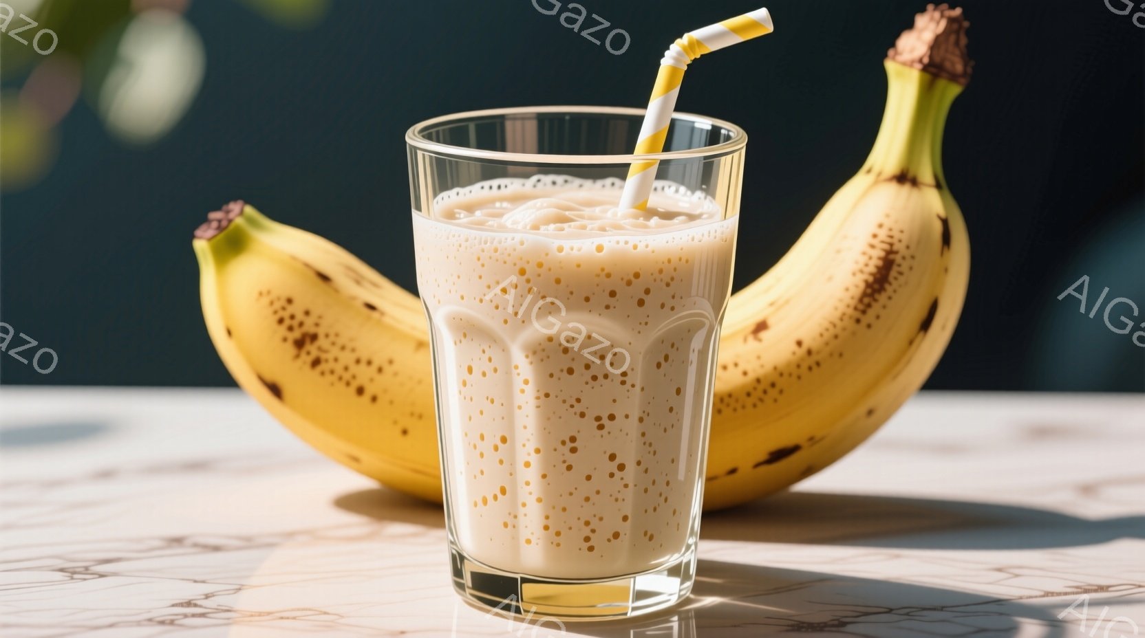 ガラスのグラスには、泡が混ざった薄いベージュ色のスムージーが入っており、ストローが挿さっています。背景には、熟したバナナが2本横たわり、大理石のような白いテーブルの上に置かれています。全体的に明るく、健康的で爽やかな雰囲気が漂っています。