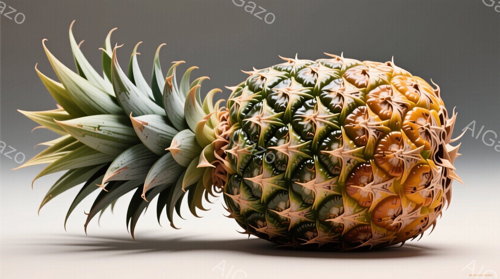 鮮やかなパイナップルが、灰色の背景に配置されている。パイナップルは半分が緑色、もう半分が黄色と茶色のグラデーションで、その表面は細かく複雑な模様で覆われている。葉は長く、尖っており、光沢があり、果実の周りに放射状に広がっている。