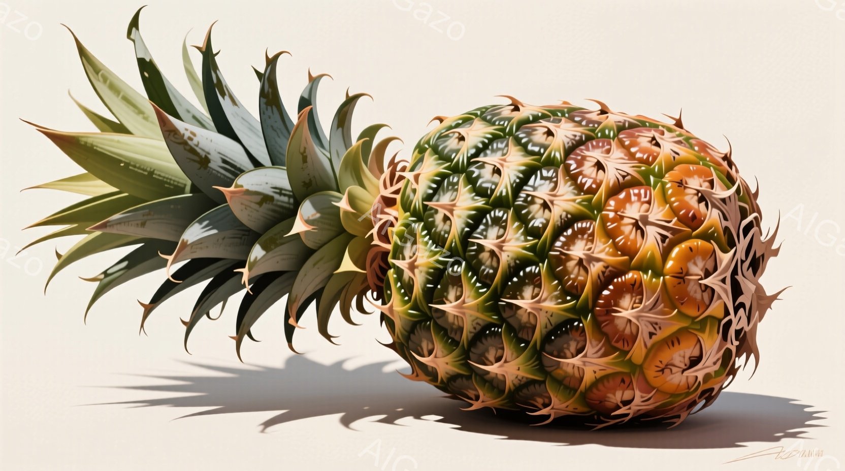 熟したパイナップルのクローズアップです。緑と茶色の複雑な模様が全体を覆い、太陽の光を受けて艶やかに輝いています。パイナップルの下には、影がはっきりと伸びており、背景は淡いベージュ色で、パイナップルが際立っています。