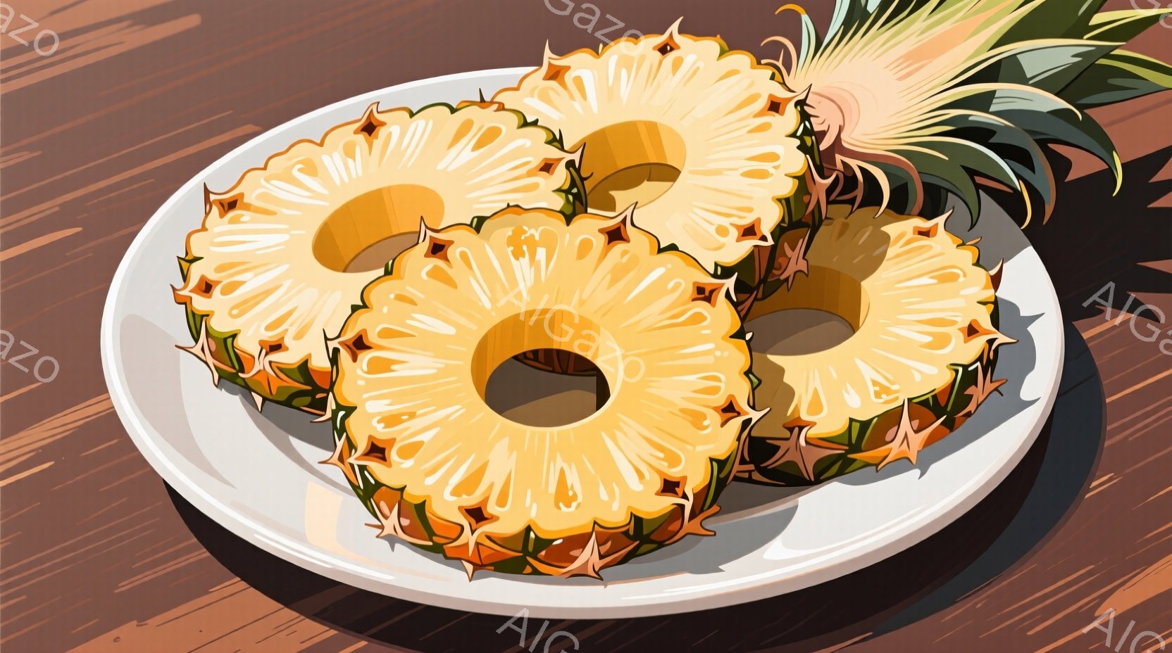 パイナップルの断面が皿の上に3つ並んでいます。果肉は鮮やかな黄色で、中心には茶色の種が密集しています。背景は木目調のテーブルで、暖かく穏やかな雰囲気です。