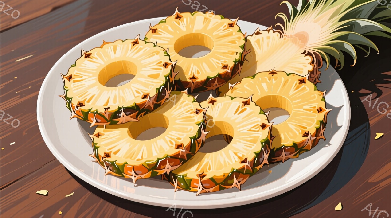 白い皿の上にカットされたパイナップルの輪が並べられています。パイナップルの果肉は鮮やかな黄色で、中心部は少し茶色がかっています。背景は木製のテーブルで、わずかに影が落ちています。