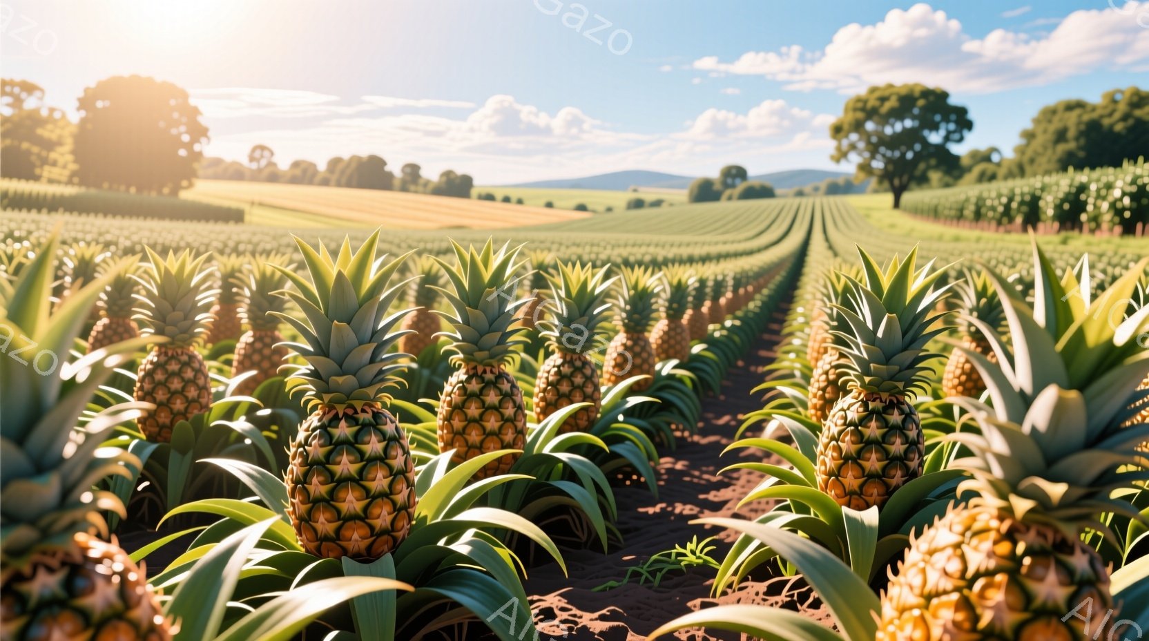 広大なパイナップル畑が広がり、緑色の葉と黄金色の実が整然と並んでいます。遠景には起伏のある丘と、木々が見え、晴れた空の下、暖かい日差しが畑を照らしています。全体的に、豊穣な自然と農業の活気が感じられる、平和で明るい雰囲気です。
