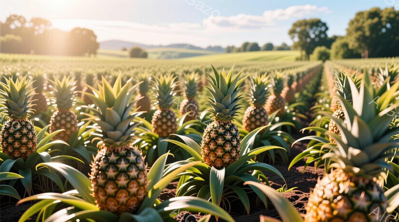 広大なパイナップルの畑が広がり、熟したパイナップルが整然と並んでいます。緑豊かな葉が黒い土から生え、背景にはなだらかな丘と木々が見え、穏やかな晴天の下で黄金色の光が差し込んでいます。全体的に、豊かで温かい雰囲気を醸し出しており、自然の恵みを感じさせます。