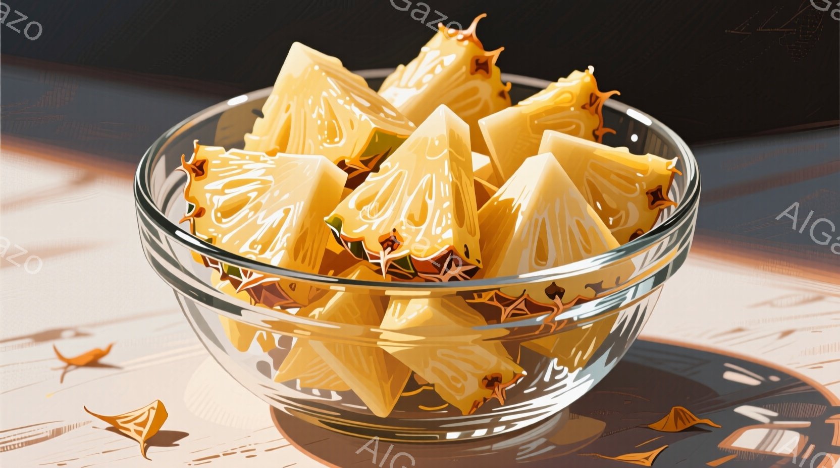 透明なガラスのボウルに、細長く尖った黄色い食べ物が山のように盛られています。周囲には、落ち葉のような、同じ食べ物の破片が散らばり、背景は落ち着いたベージュと茶色の色調で、秋の雰囲気を感じさせます。光の当たり方から、少しドラマチックで、食欲をそそる静物画のような印象を受けます。