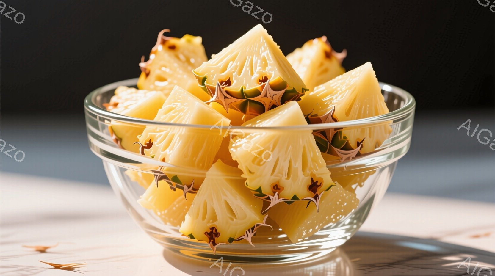 透明なガラスのボウルにカットされたパイナップルの果肉がたっぷり入っています。果肉は明るい黄色で、緑色の葉が少しついており、新鮮さを感じさせます。背景は白っぽい木製のテーブルで、光が当たって影が伸び、シンプルながらも温かみのある雰囲気を醸し出しています。