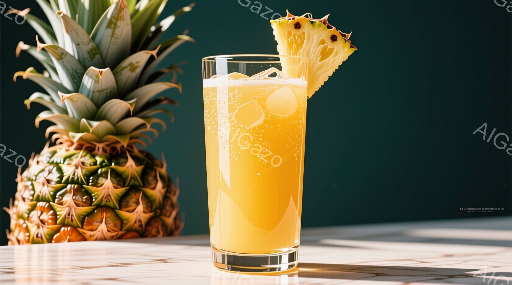 鮮やかな黄色のパイナップルジュースが、ガラスのグラスに注がれており、グラスの縁にはパイナップルのスライスが飾られています。背景には、緑色のパイナップルがぼやけて写り、全体的に明るく、爽やかな印象を与えます。テーブルは白く、影が落ちており、夏の日のリラックスした雰囲気を醸し出しています。