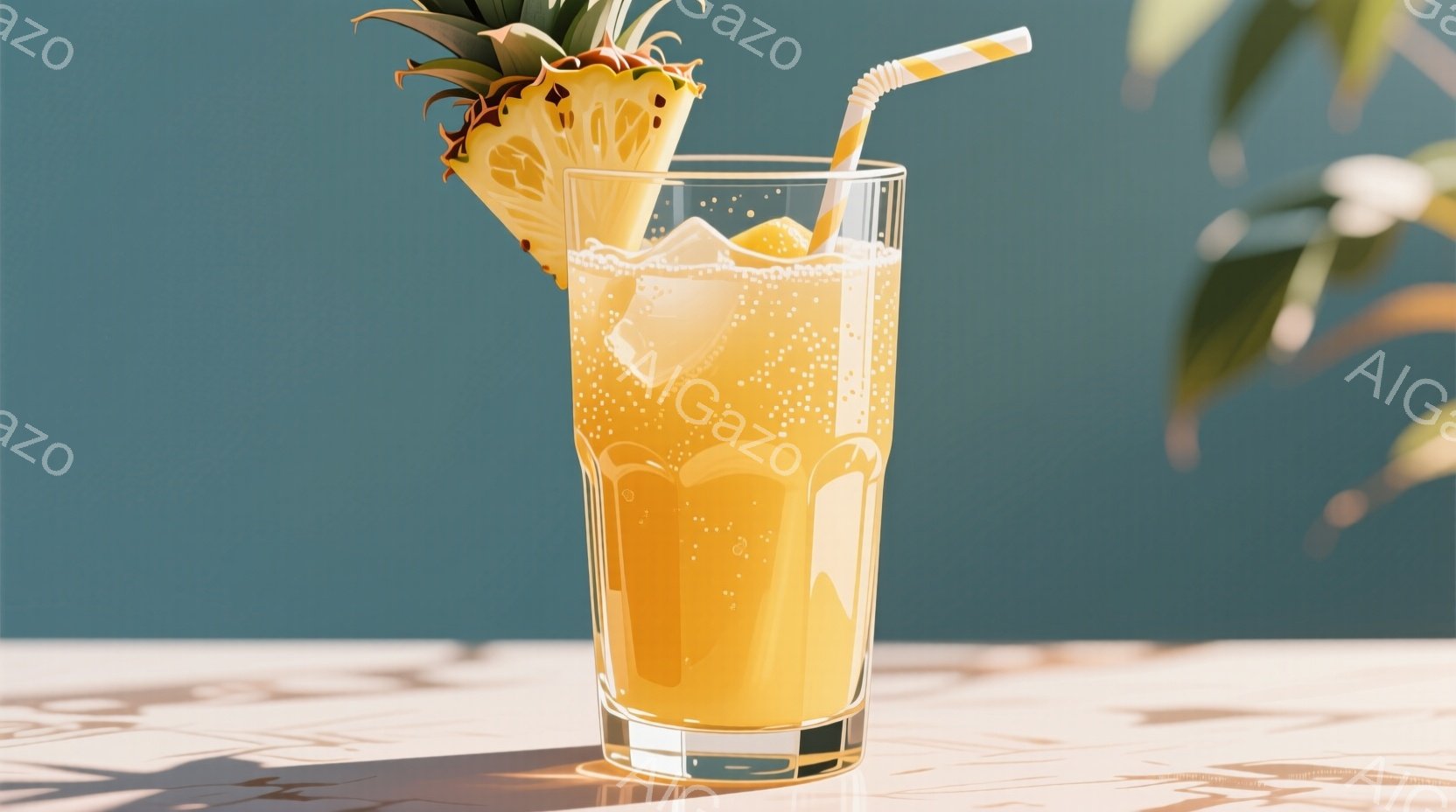 鮮やかな黄色のパイナップルジュースがグラスに注がれており、氷とパイナップルのスライスが浮かんでいます。ストローが差し込まれ、テーブルの上には光と影が交差する模様が映っています。背景は淡い水色で、全体的に爽やかで夏らしい雰囲気が漂っています。