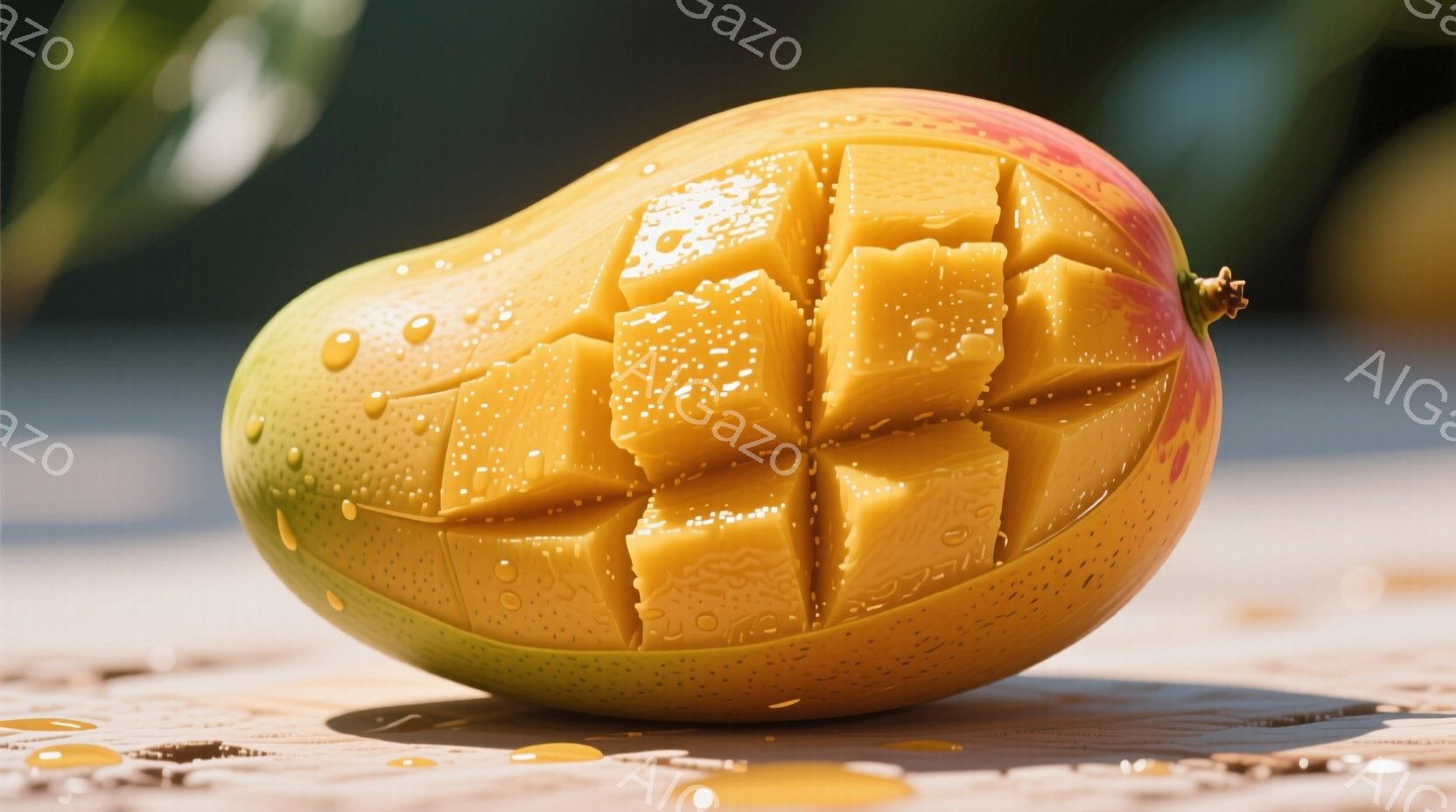 熟したマンゴーが格子状にカットされ、表面に水滴が光っています。背景はぼやけた木製のテーブルで、全体的に鮮やかで食欲をそそる雰囲気が漂っています。マンゴーのオレンジと緑のグラデーションが美しく、みずみずしい果実の質感と光沢が際立っています。