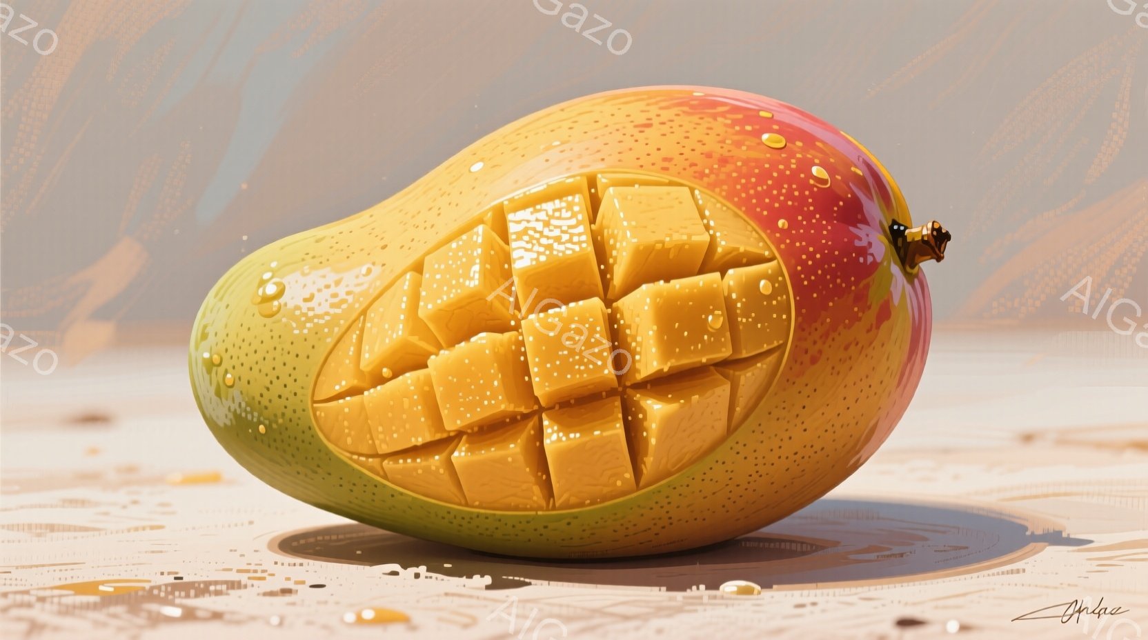 鮮やかなオレンジと緑色のマンゴーが、切り開かれて四角い果肉を露わにしている。果肉には水滴が付き、表面は光沢があり、背景はベージュ色の砂浜のようなテクスチャで、柔らかい光が照らしている。全体として、甘くジューシーな夏の雰囲気が漂う、鮮やかで食欲をそそるイメージである。
