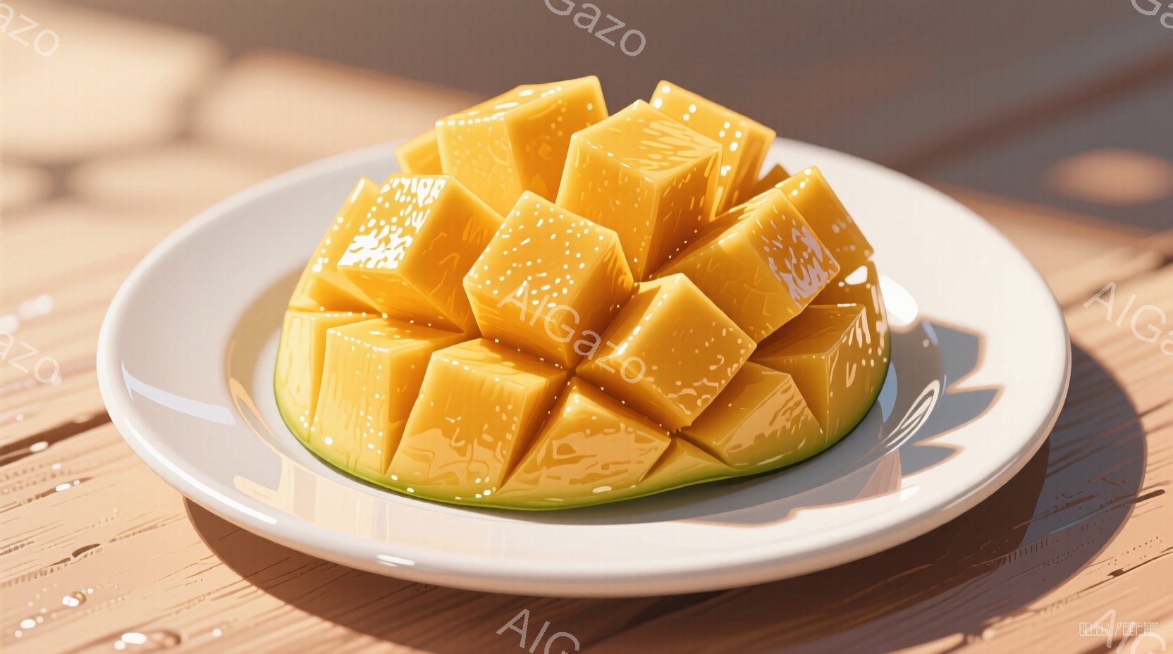 白い皿にカットされたマンゴーが盛り付けられています。マンゴーは鮮やかなオレンジ色で、光沢があり、みずみずしい様子が伝わってきます。背景は木製のテーブルで、日当たりの良い屋外で撮影された、明るく爽やかな - AI生成フリー素材