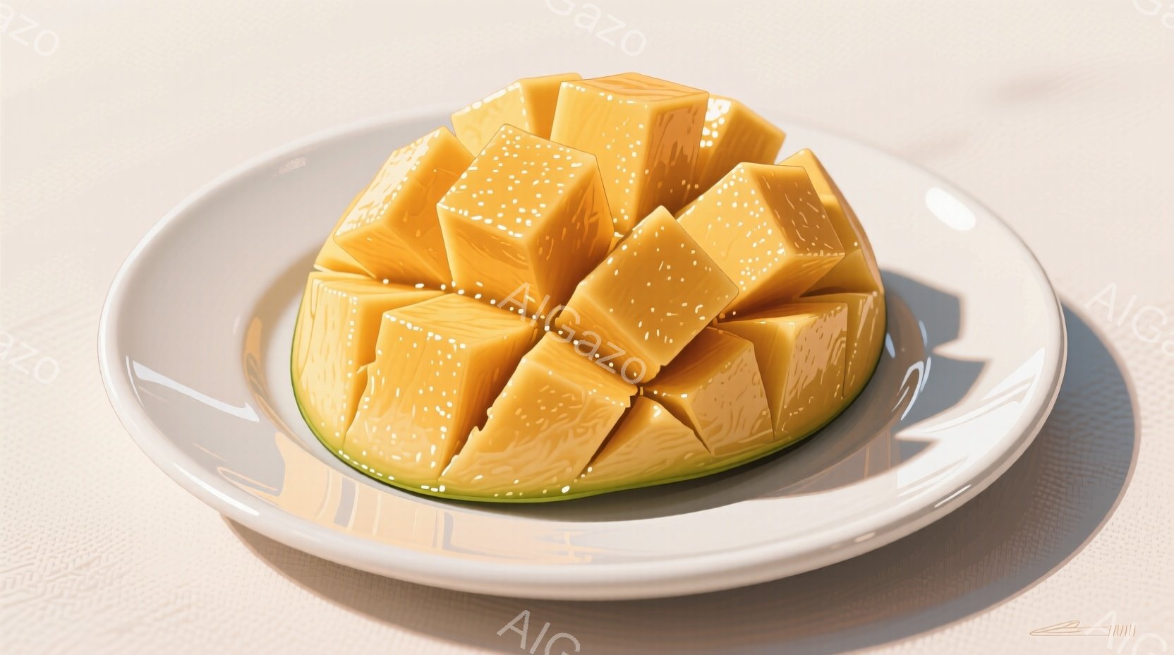 白い皿に、角切りにされた黄色いマンゴーが盛られています。マンゴーは、少し緑がかった部分もあり、新鮮な印象を与えます。全体的に暖かく、食欲をそそるような雰囲気です。