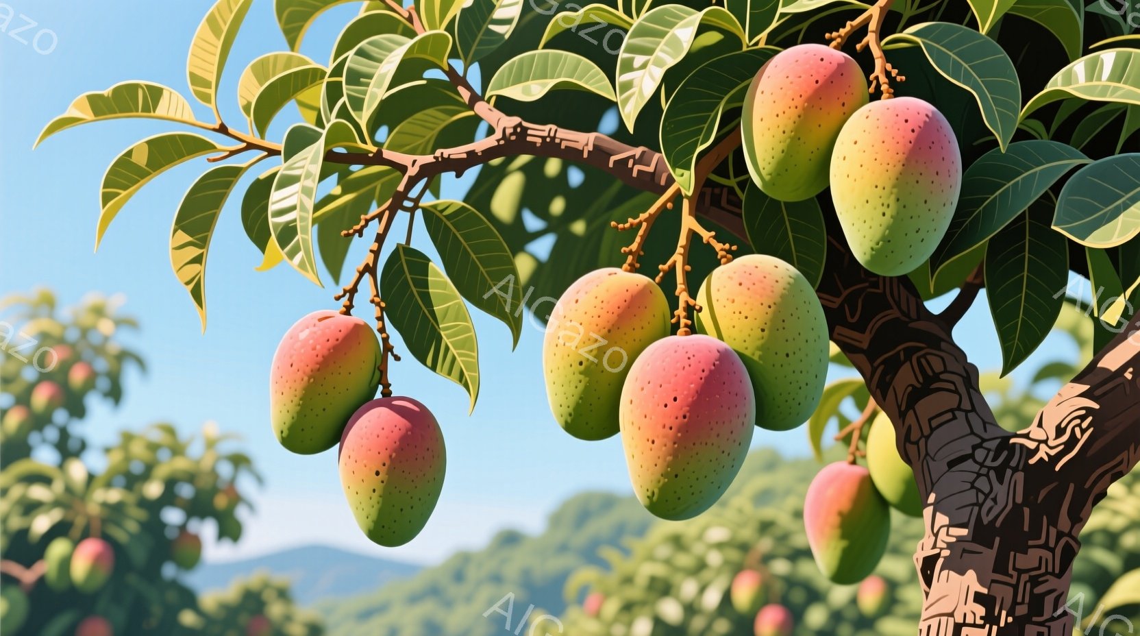 鮮やかなマンゴーが枝に実り、太陽の光を浴びています。背景には、緑豊かな丘陵地帯と青空が広がり、穏やかで暖かい雰囲気を醸し出しています。幹は独特の模様で覆われ、自然の美しさを強調しています。