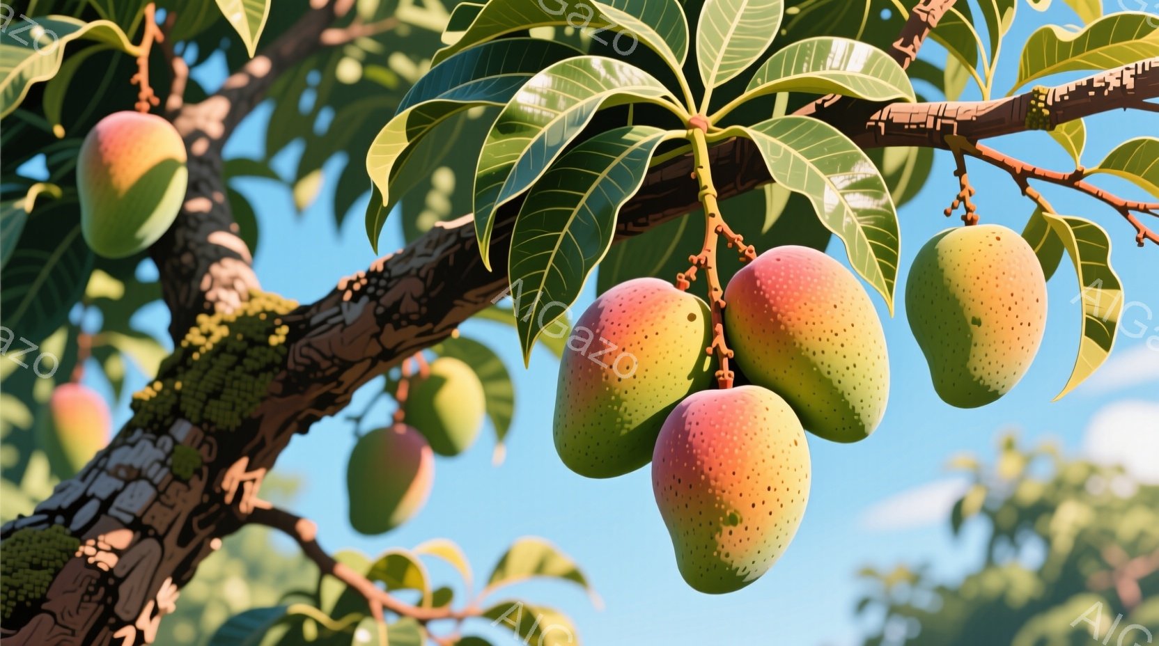 鮮やかなマンゴーが枝に実っている様子が写っている。濃い緑色の葉に支えられたマンゴーは、赤やオレンジ、黄色のグラデーションで、熟した甘さを感じさせる。背景には青空が広がり、全体的に暖かく、生命力に満ちた雰囲気である。