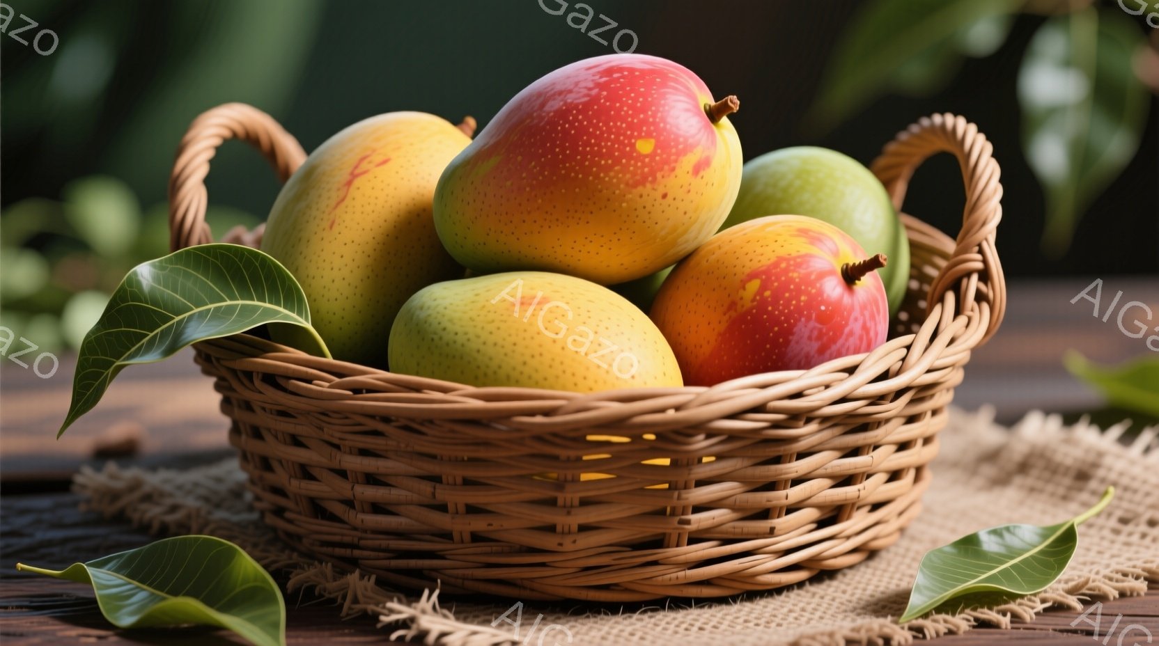 籠の中に、色とりどりのマンゴーがぎっしりと詰まっています。背景には木製のテーブルと粗い麻布が敷かれ、数枚の緑の葉が添えられています。全体的に暖かく、豊かな秋の収穫を思わせる雰囲気です。