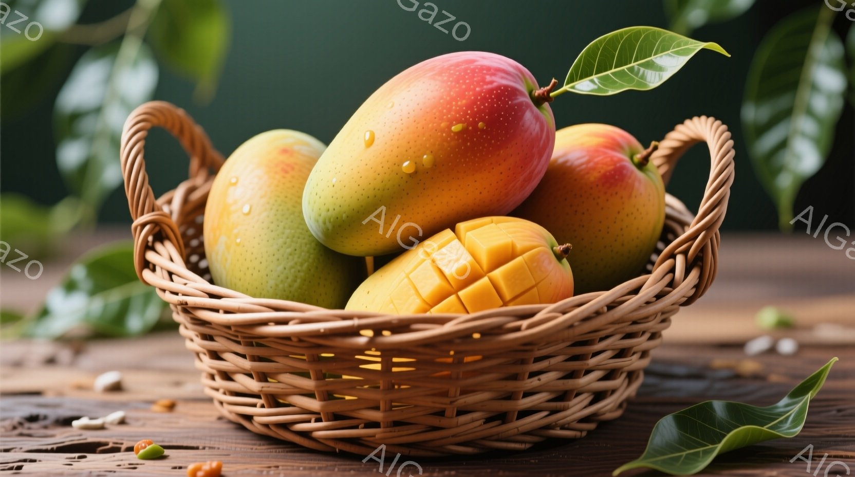 籠の中にマンゴーがいくつか入っており、そのうちの一つは半分にカットされています。マンゴーは緑色からオレンジ色、黄色と様々な色合いで、表面には水滴が見られます。背景は木製のテーブルで、葉がぼやけて見え、全体的にフレッシュで自然な雰囲気を醸し出しています。
