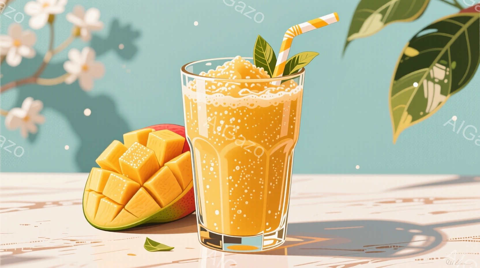 鮮やかなオレンジ色のマンゴーのスムージーがグラスに注がれており、カットされたマンゴーがその横に置かれています。背景には、日差しが差し込む木陰のような自然が描かれ、明るく爽やかな夏の雰囲気が漂っています。テーブルの木目と光の陰影が、リラックスした心地よい空間を作り出しています。