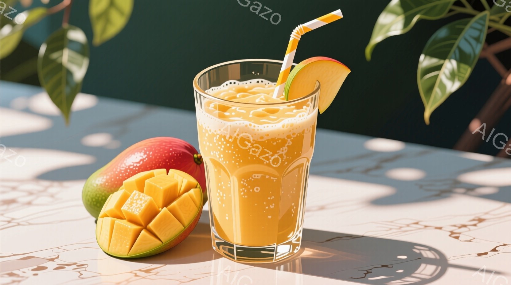 鮮やかなオレンジ色のマンゴーを使ったスムージーが、透明なグラスにたっぷり注がれています。グラスにはストローが挿されており、カットされたマンゴーが添えられています。背景には、光が差し込む緑の葉と大理石風のテーブルがあり、爽やかで夏らしい雰囲気を醸し出しています。
